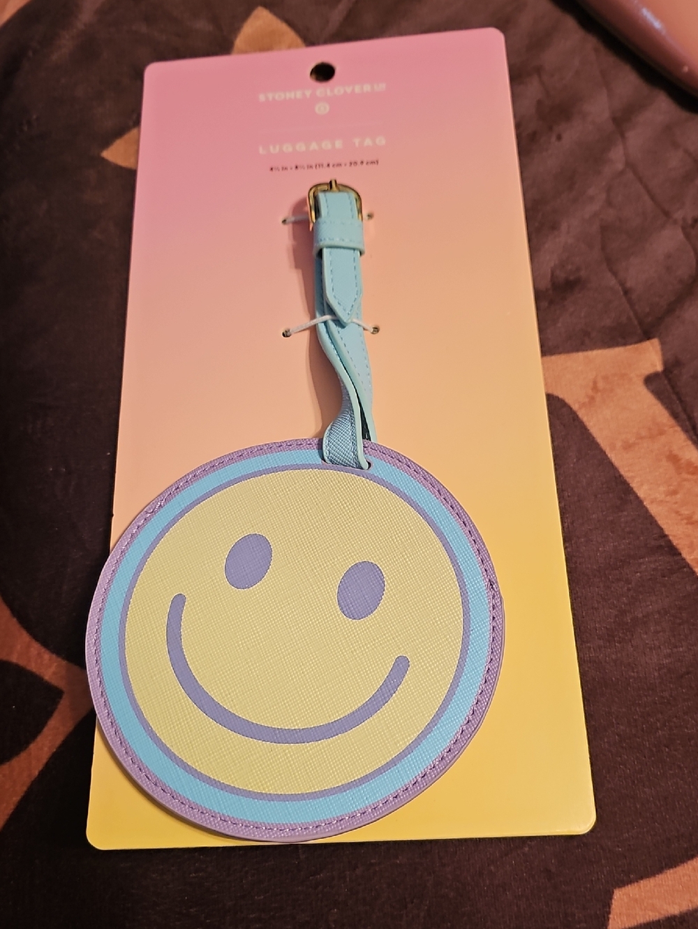 Stoney Clover Lane Yellow Smiley Face Luggage Tag with Blue & Purple Trim